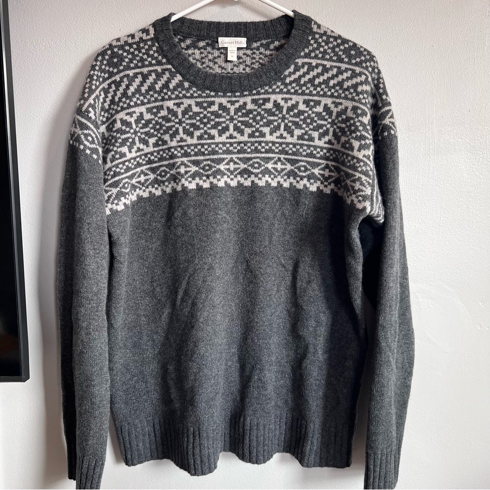 Garnet Hill Men's Washable Cashmere Jacquard Sweater‎ M Gray Fair Isle